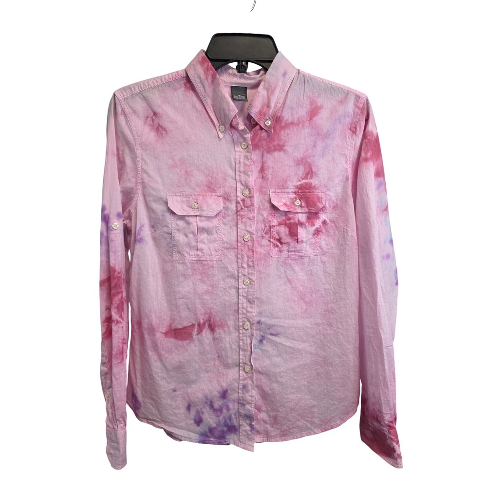 Pink Purple Tie Dye Cotton Button Down Shirt Roll Tab Sleeve Womens 10